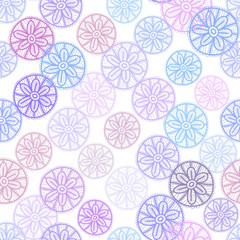 Lace seamless pattern with lilac pink purple blue flowers on white background. Pastel colors, abstract art. Vector