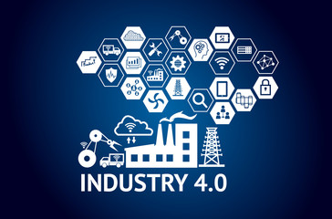 Industrial 4.0 Cyber Physical Systems concept , Icon of industry 4.0 ,Internet of things network,smart factory solution,Manufacturing technology,automation robot with blue background , 3D illustration
