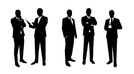 Business men silhouettes set in various poses. Flat vector illus