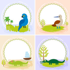 crocodile, alligator, iguana, parrot bird, booby, set of cards design  with funny animals, template banner for your text with round frame. Vector