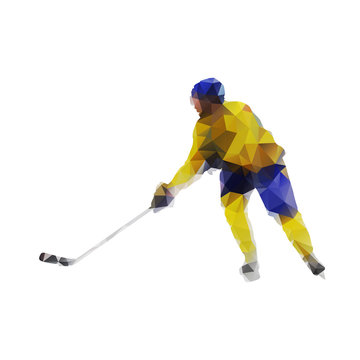 Ice hockey player, active man in yellow jersey. Abstract polygon