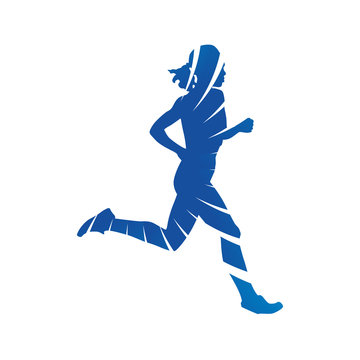 Run. Blue running woman, abstract vector silhouette