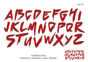 Alphabet vector set of red capital handwritten letters on white background. Handwritten italic font with brush strokes in horror style.