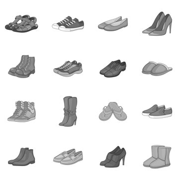 Shoe icons set. Gray monochrome illustration of 16 shoe vector icons for web