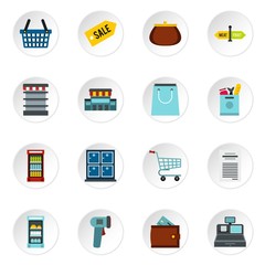 Supermarket icons set. Flat illustration of 16 supermarket vector icons for web