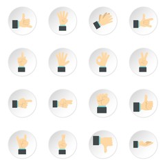 Hand gesture icons set. Flat illustration of 16 hand gesture vector icons for web