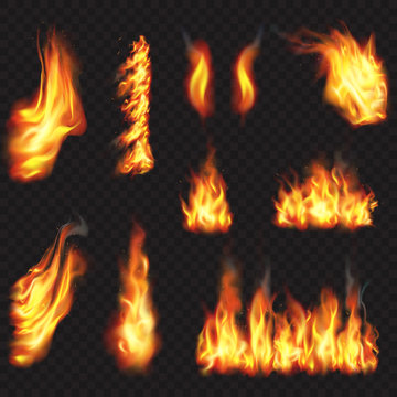 Realistic fire flames effect, vector illustration set.