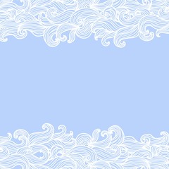 Blue vector background with hand drawn curly doodle waves in the top and bottom, with place for text.