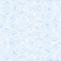 Fototapeta na wymiar Blue vector background with hand drawn curly doodle waves.