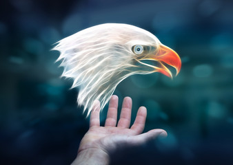 Person holding fractal endangered eagle illustration 3D renderin