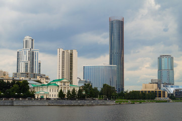 Yekaterinburg city center skyline and Iset river.
