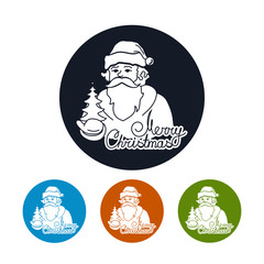 Santa Claus Holds in a Hand Christmas Tree, Merry Christmas ,Four Types of Colorful Round Icons Santa Claus, Vector Illustration