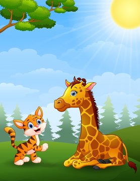 Tiger and Giraffe cartoon in the jungle 