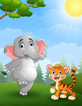 Elephant and  tiger cartoon in the jungle 