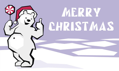 Greeting card merry Christmas  with the image of funny polar bear. 