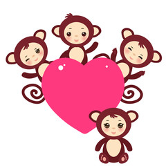 Set of funny brown monkey boys and girls Card design with a funny animal with pink heart on a white background. Vector