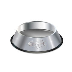 Pet dish. Empty metallic cat plate. Chrome shiny food bowl with fish bone. Isolated pet supply. Black edging. Vector EPS10 realistic illustration.