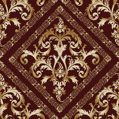 Baroque damask medieval floral vector seamless pattern wallpaper illustration with vintage antique decorative 3d flowers leaves frames ornaments with shadows and highlights.