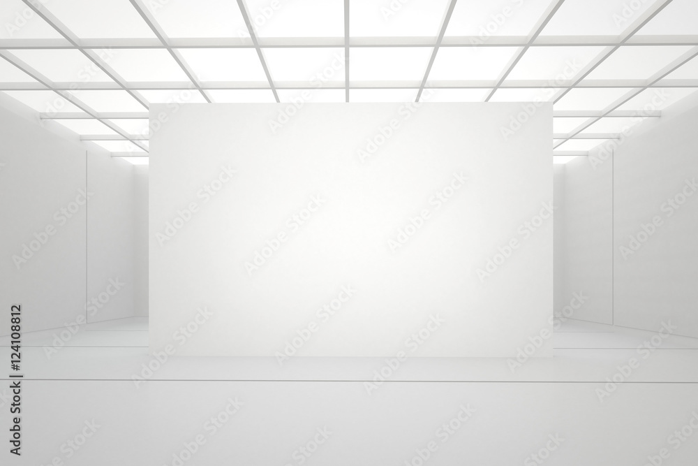 Poster 3d illustration. white interior of of not existing building with separate wall, square cellular ceil