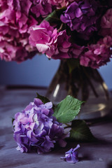 Pink hydrangeas hang over the violet one lying on the table