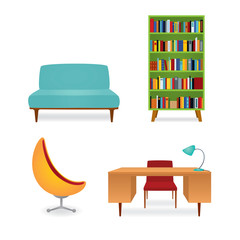 Vector illustration, a collection of 70s style furniture. Bookcase full of books, couch, writing desk and armchair. Isolated on white.