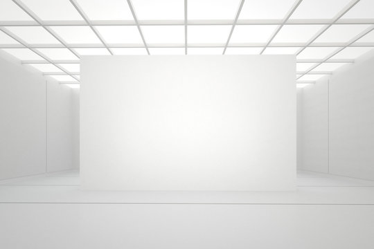 3d Illustration. White Interior Of Of Not Existing Building With Separate Wall, Square Cellular Ceiling And Top Light In Perspective. Symmetrical View, Render. Place For Text.