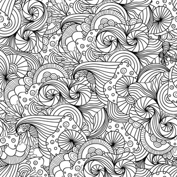 Doodle black and white abstract hand drawn vector background. Wavy zentangle style seamless pattern.
