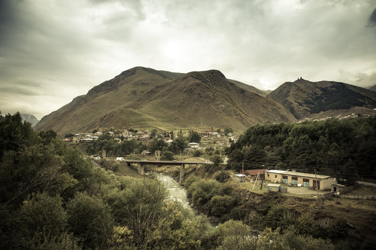 Beautiful autumn mountain landscape in Stepancminda. Georgia. To