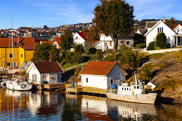 Fototapeta na wymiar Small fishing harbor at morning in Stavanger, Norway.