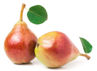 Two red pears with leaf isolated on white background
