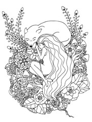 Vector illustration Zen Tangle girl and the wolf sleeping in the flowers. Doodle drawing. Meditative exercises. Coloring book anti stress for adults. Black white.