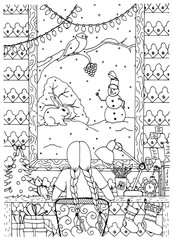 Vector illustration Zen Tangle Christmas, little girl sitting at the table. Doodle drawing. Meditative exercise. Coloring book anti stress for adults. Black and white.