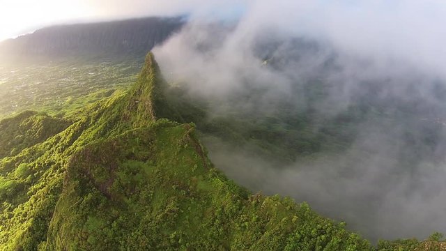 Hawaii sunset at Mount Olomana, aerial pan, Kailua, Hawaii.
