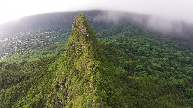 Hawaii hiking lifestyle aerial at Mount Olomana in Kailua, Hawaii.
