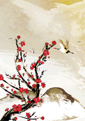 Mountain background with cherry flowers and crane birds. Japanese style. Great for greeting cards, posters or texture design.