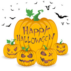 Happy Halloween Pumpkin Set and Bats in sky on white background.