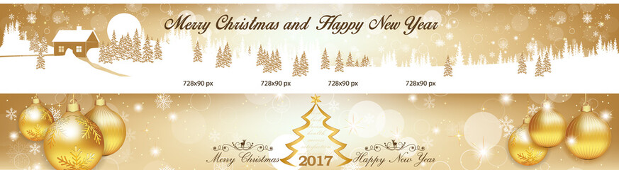 Christmas and New Year web Leaderboard banners with Jingle bells, Christmas Baubles. Space for your own advertising.