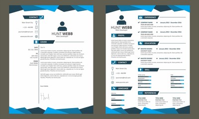 CV Resume with Cover Letter Template Vector Blue - obrazy, fototapety, plakaty