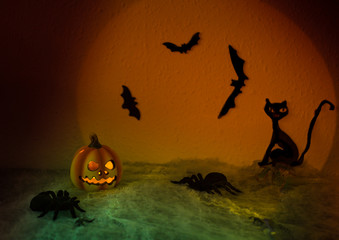 Spooky Halloween Night,,halloween pumpkin, flying bats and a black cat on abstract background with big moon and spiders
