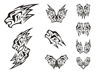 Symbols of the lion's head in the form of a lightning. Double symbols of the lion's head in tribal style