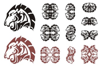 Stylized horse head symbols. Decorative double symbols of the horse head