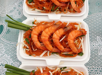 padthai with shirmps in foam food box 
