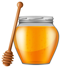 Jar of honey with wooden drizzler. Vector illustration.