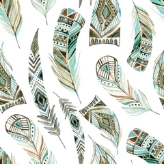 Fotobehang Aquarel veren Aquarel versierd tribal veren naadloos patroon