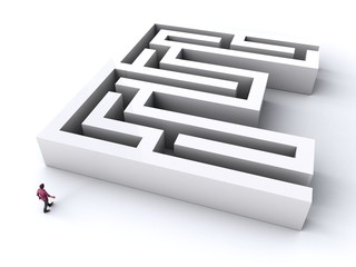 3D illustration of E-shaped maze with a man entering