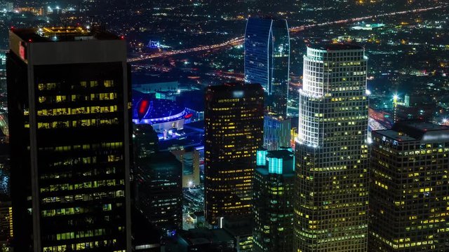 Downtown Los Angeles Staples Center LA Live Night Aerial Rooftop Timelapse
