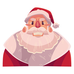 Santa Claus face, angry facial expression, cartoon vector illustrations isolated on white background. Santa Claus emoji face icon, feeling distresses, frustrated, sullen, upset. Angry face expression