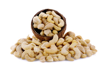 Cashews in wood bowl  isolated on white background