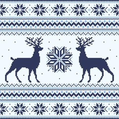 Behang Blauwe winter pixel achtergrond met herten en sneeuwvlokken © Mint Fox
