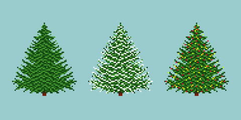Pixel spruces vector icon set. Evergreen tree, snow covered spruce and Christmas tree.